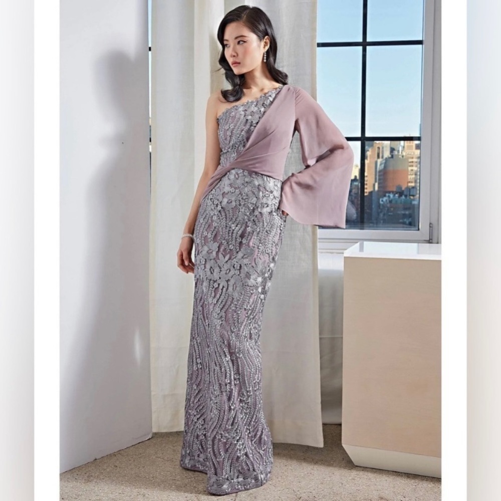 JS Collections Amari One-Shoulder Twist Embroidered Lace Overlay Gown in Steel - Picture 4 of 8